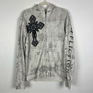 Affliction Vintage Full Zip Hoodie Cross Wings Distressed Gray White Size Large